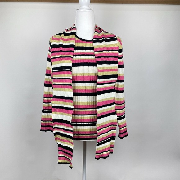 NWT Anne Klein Women's Petite Large Neapolitan Striped Rib Knit Sweater w/ Scarf - Picture 1 of 10
